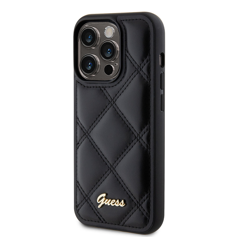Apple iPhone 14 Pro Max Kılıf Guess Orjinal Lisanslı PU Deri Metal Yazı Logolu Kapitone Kapak