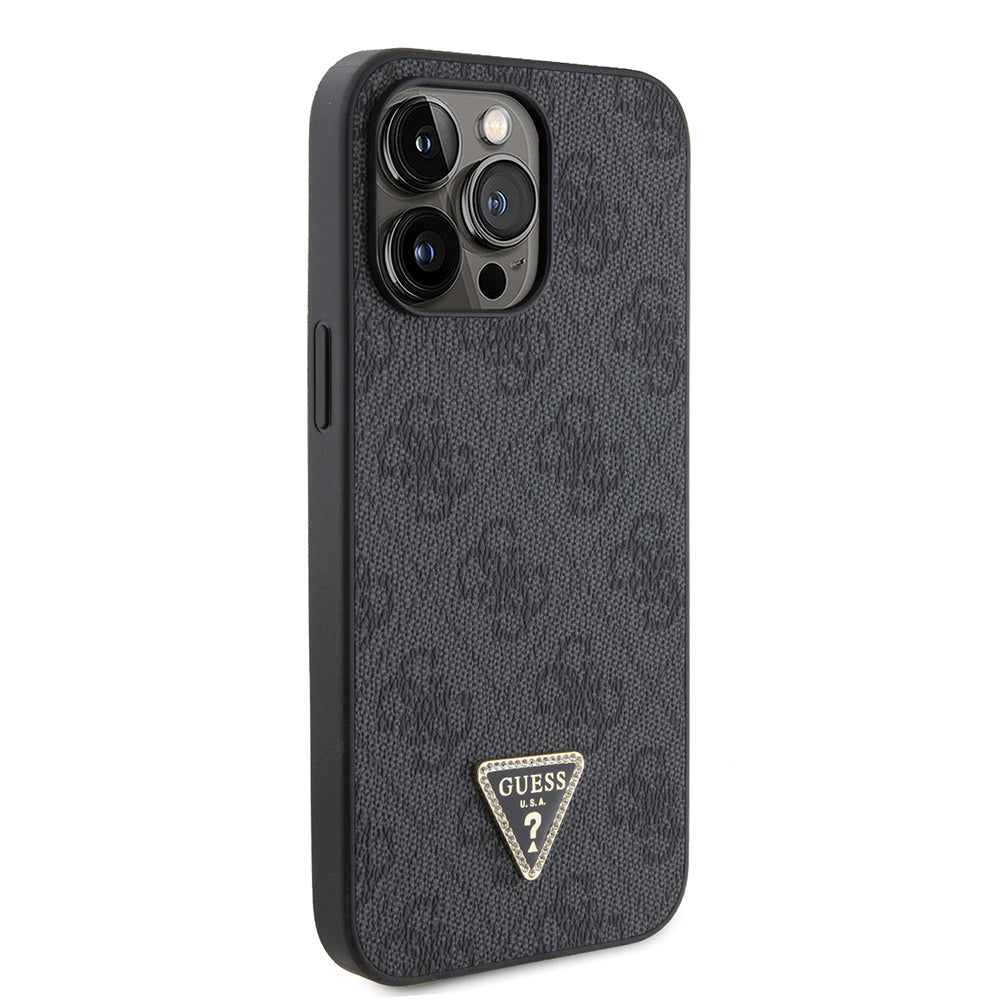 Apple iPhone 14 Pro Max Kılıf Guess Orjinal Lisanslı PU Deri Taşlı Metal Üçgen Logolu Çapraz Vücut Askılı 4G Desenli Kapak