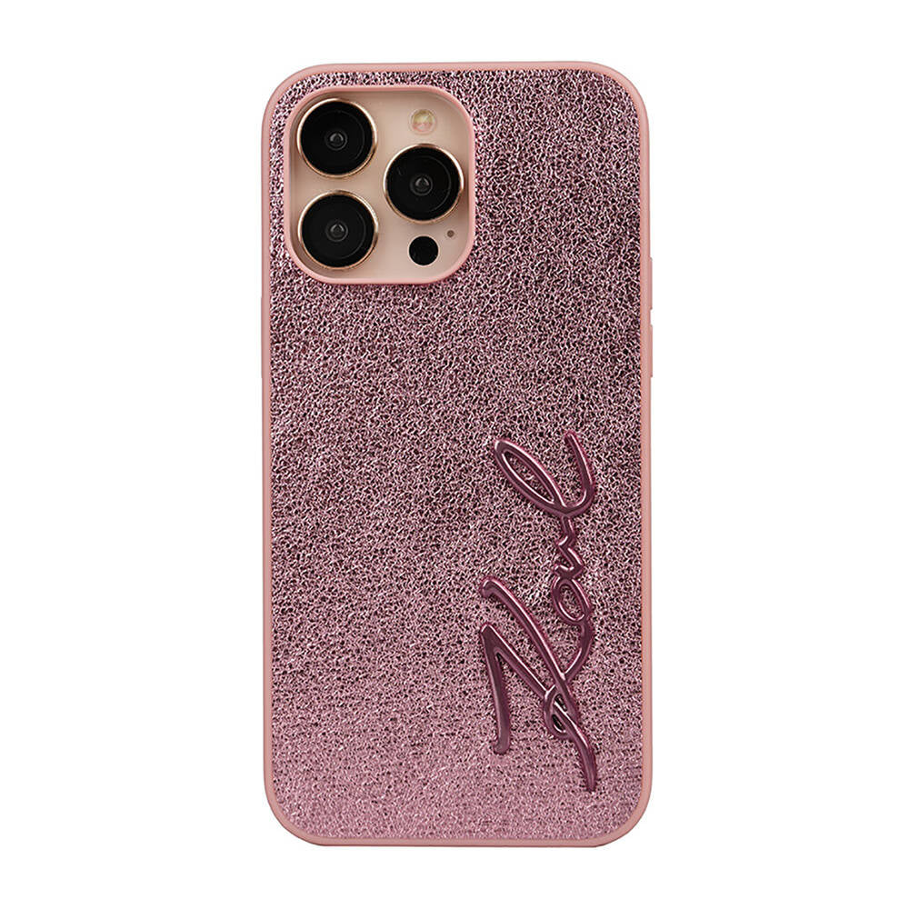 Apple iPhone 14 Pro Max Kılıf Karl Lagerfeld Orjinal Lisanslı 3D KL Yazılı Tüylü Arka Yüzey Saffiano Rhinestones Kapak