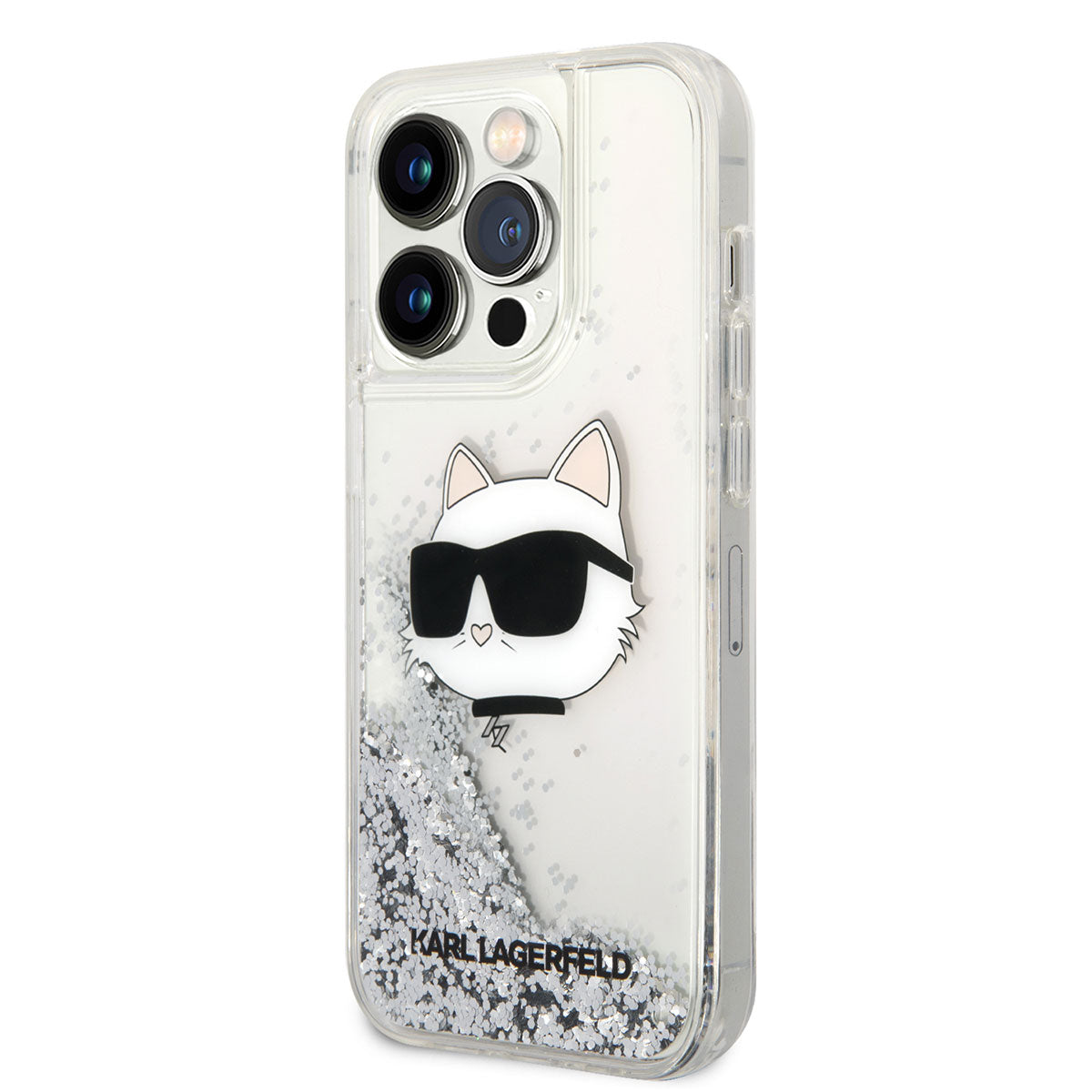 Apple iPhone 14 Pro Max Kılıf Karl Lagerfeld Sıvılı Simli Choupette Head Dizayn Kapak