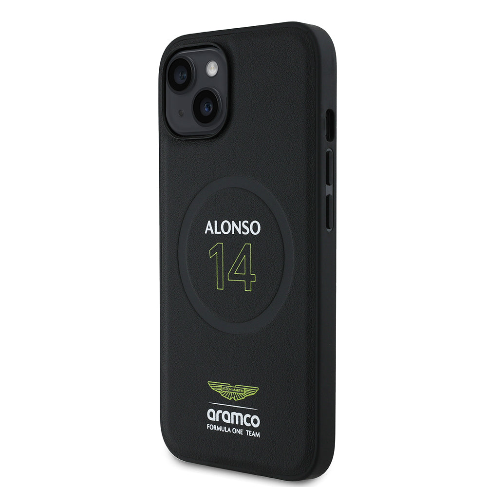 Apple iPhone 15 Kılıf Aston Martin Orjinal Lisanslı M-safe Şarj Özellikli PU Deri Alonso 14 Baskılı Kapak