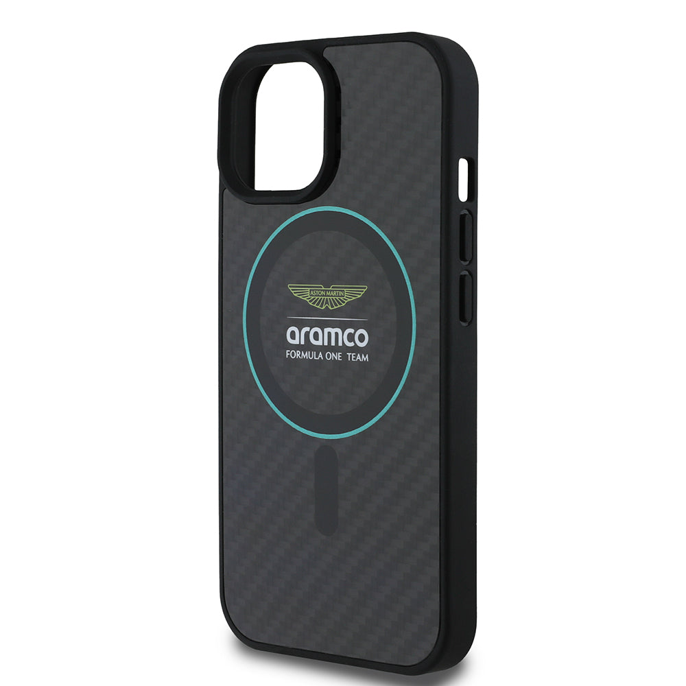 Apple iPhone 15 Kılıf Aston Martin Orjinal Lisanslı M-safe Şarj Özellikli Renkli Halka ve Karbon Fiber Tasarımlı Kapak
