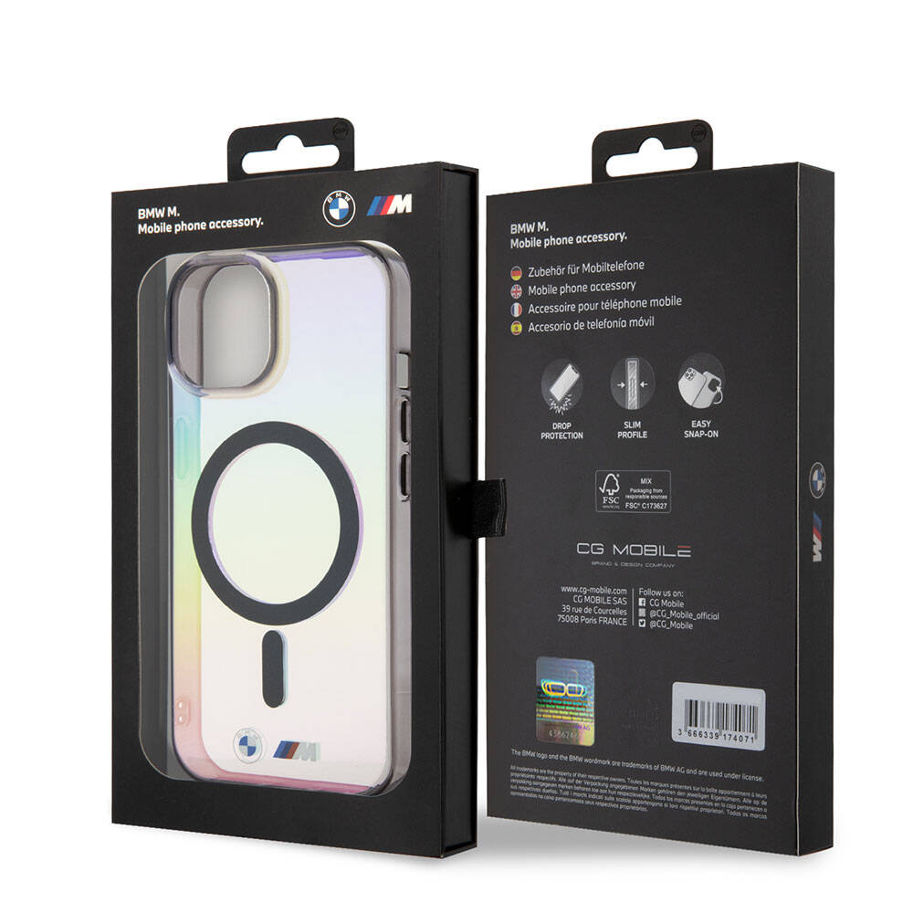 Apple iPhone 15 Kılıf BMW M-safe Şarj Özellikli Transparan Renk Geçişli Iridescent Orjinal Lisanslı Kapak