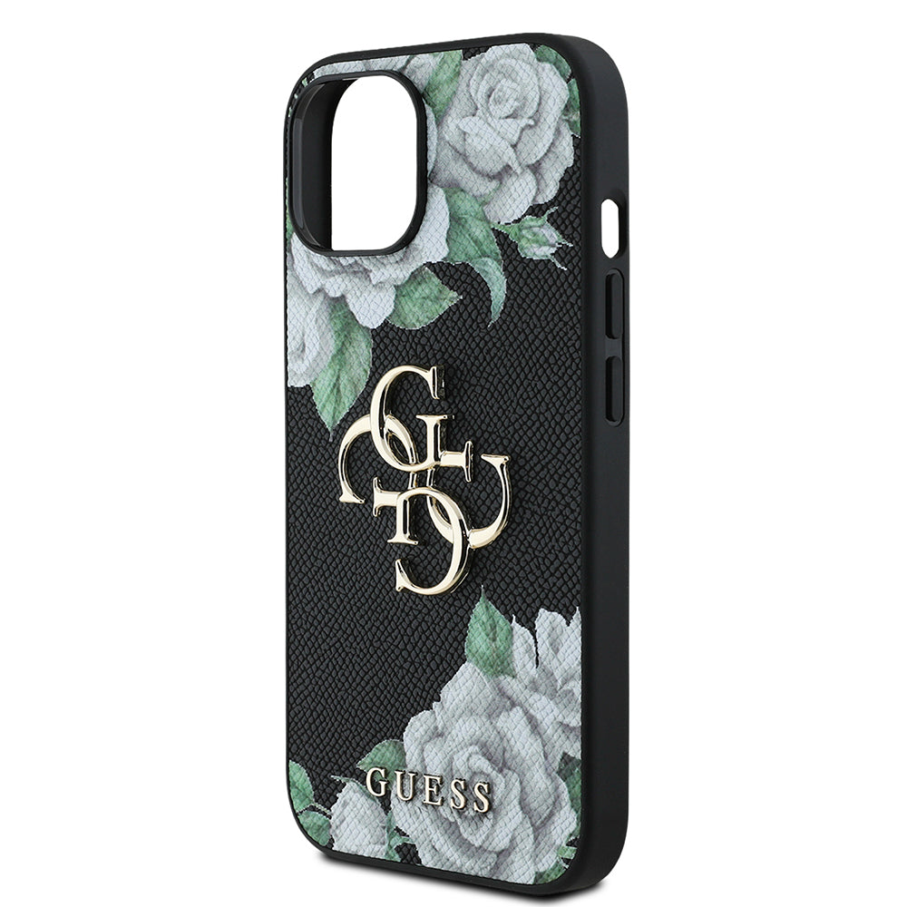 Apple iPhone 15 Kılıf Guess Orjinal Lisanslı Gül Baskılı Büyük Metal Logo Dizaynlı Kapak