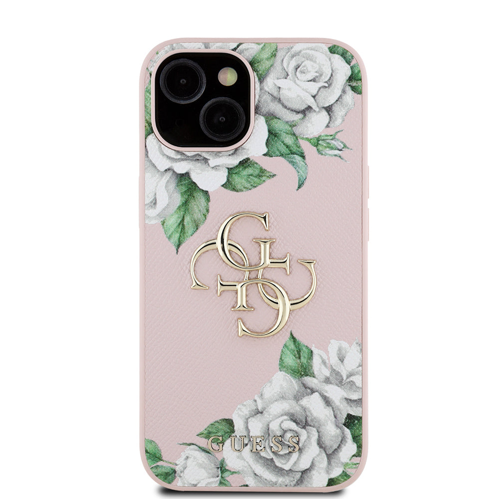 Apple iPhone 15 Kılıf Guess Orjinal Lisanslı Gül Baskılı Büyük Metal Logo Dizaynlı Kapak