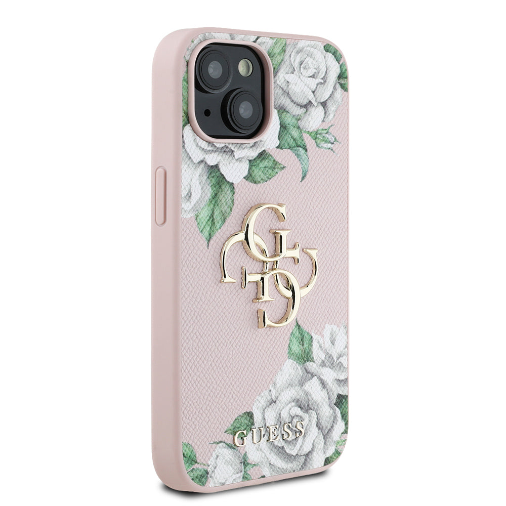 Apple iPhone 15 Kılıf Guess Orjinal Lisanslı Gül Baskılı Büyük Metal Logo Dizaynlı Kapak