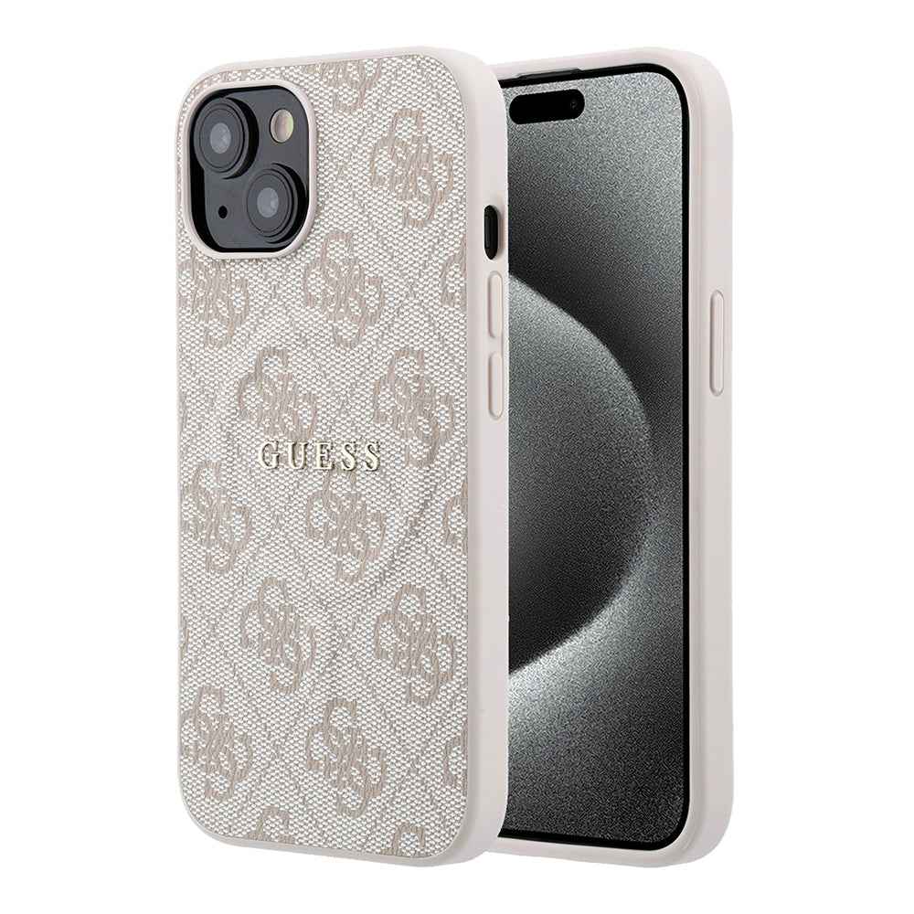 Apple iPhone 15 Kılıf Guess Orjinal Lisanslı M-safe Kabartmalı 4G Desenli Yazı Logolu Kapak