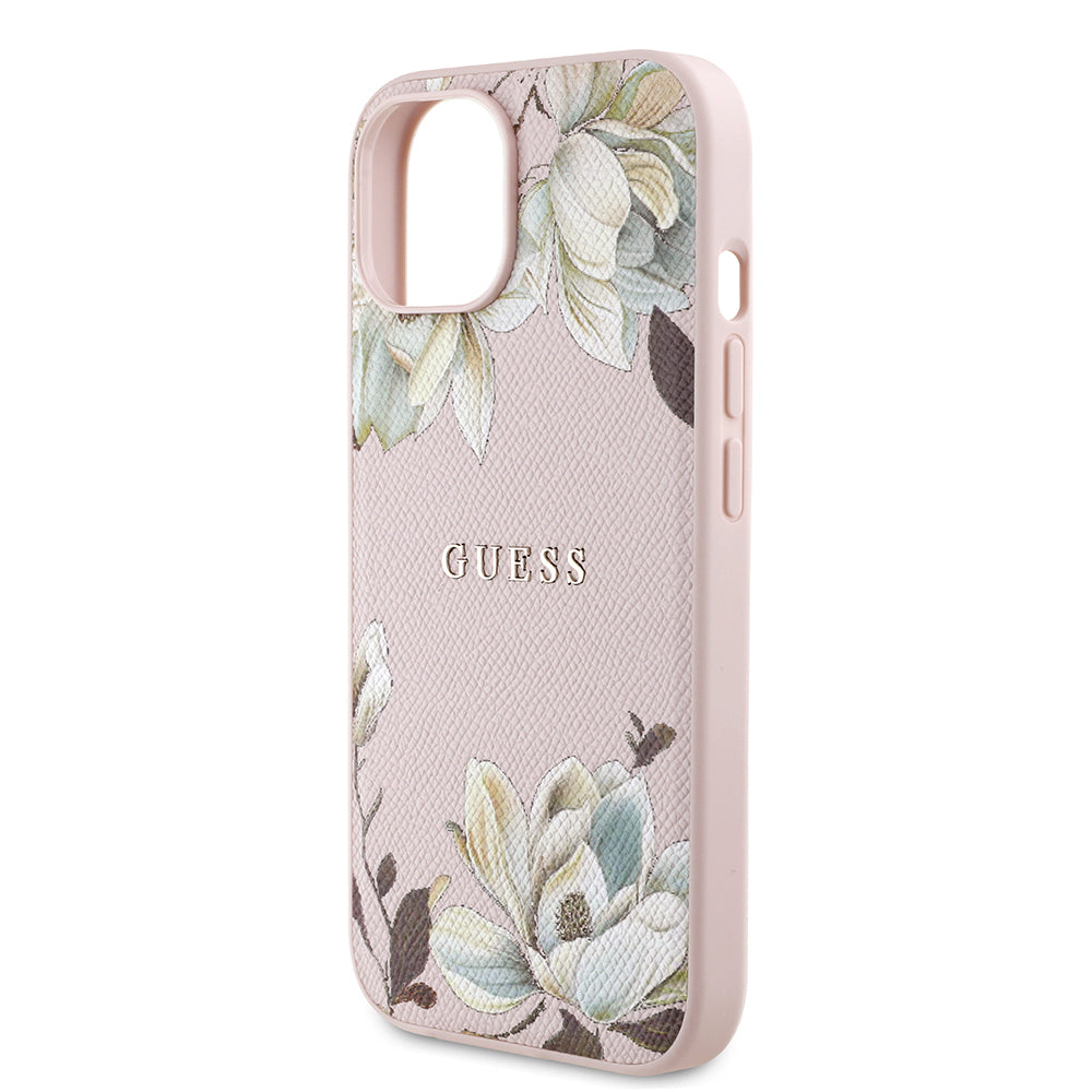 Apple iPhone 15 Kılıf Guess Orjinal Lisanslı M-safe Şarj Özellikli Taneli Çiçek Tasarımlı Metal Yazı Logolu Kapak