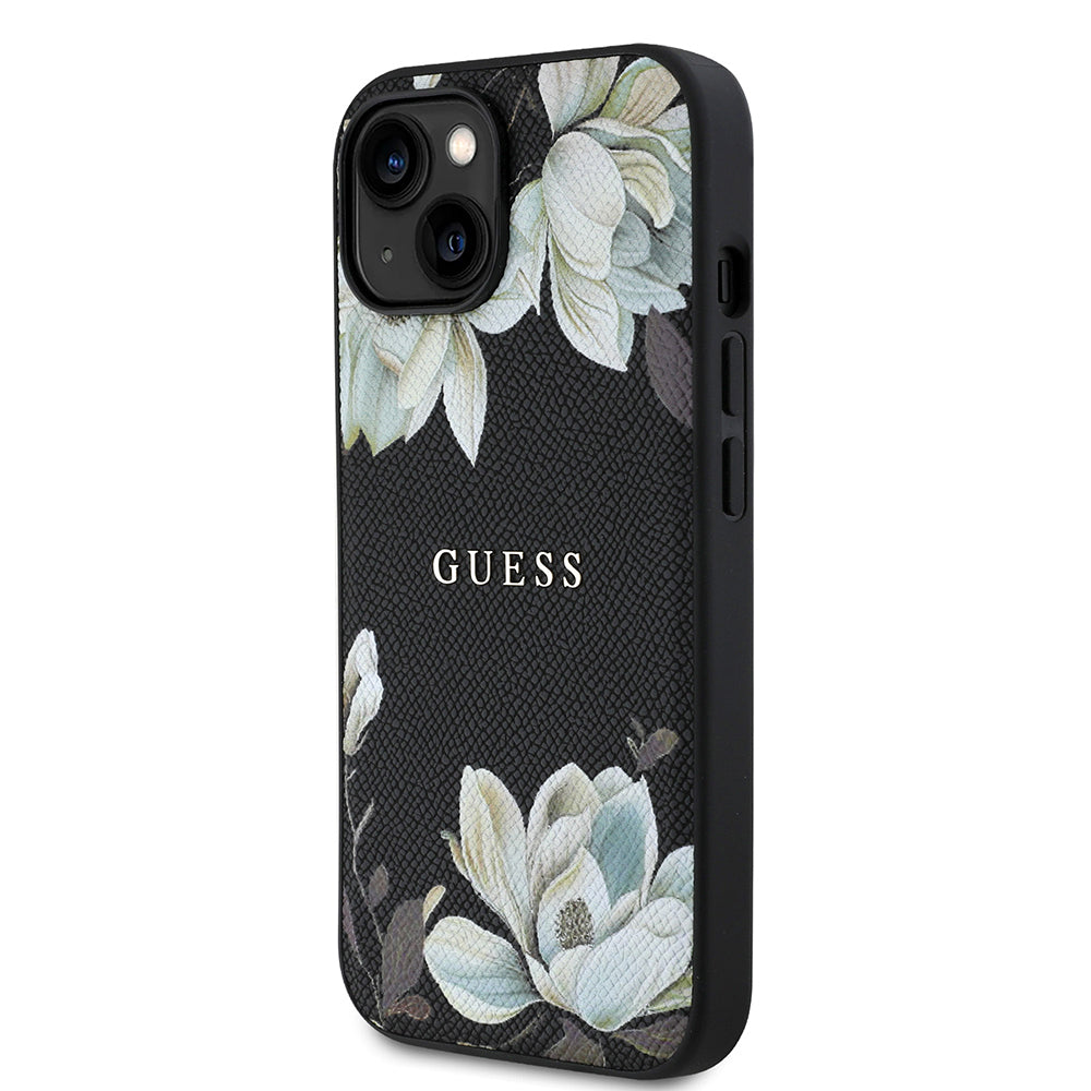 Apple iPhone 15 Kılıf Guess Orjinal Lisanslı M-safe Şarj Özellikli Taneli Çiçek Tasarımlı Metal Yazı Logolu Kapak