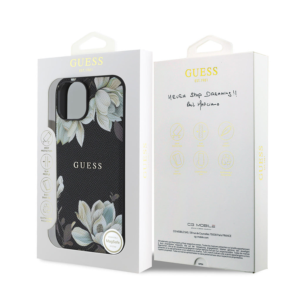 Apple iPhone 15 Kılıf Guess Orjinal Lisanslı M-safe Şarj Özellikli Taneli Çiçek Tasarımlı Metal Yazı Logolu Kapak