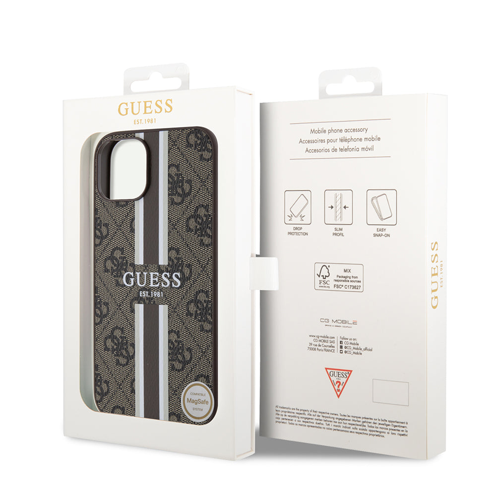 Apple iPhone 15 Kılıf Guess Orjinal Lisanslı M-safe Şarj Özellikli 4G Şerit Tasarımlı Printed Kapak