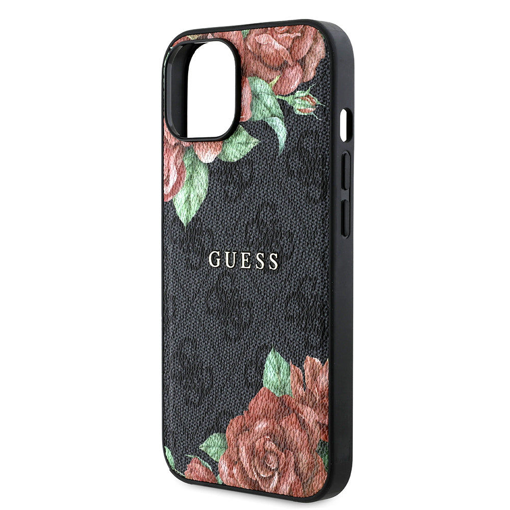 Apple iPhone 15 Kılıf Guess Orjinal Lisanslı M-safe Şarj Özellikli Gül Baskılı 4G Desenli Yazı Logolu Kapak