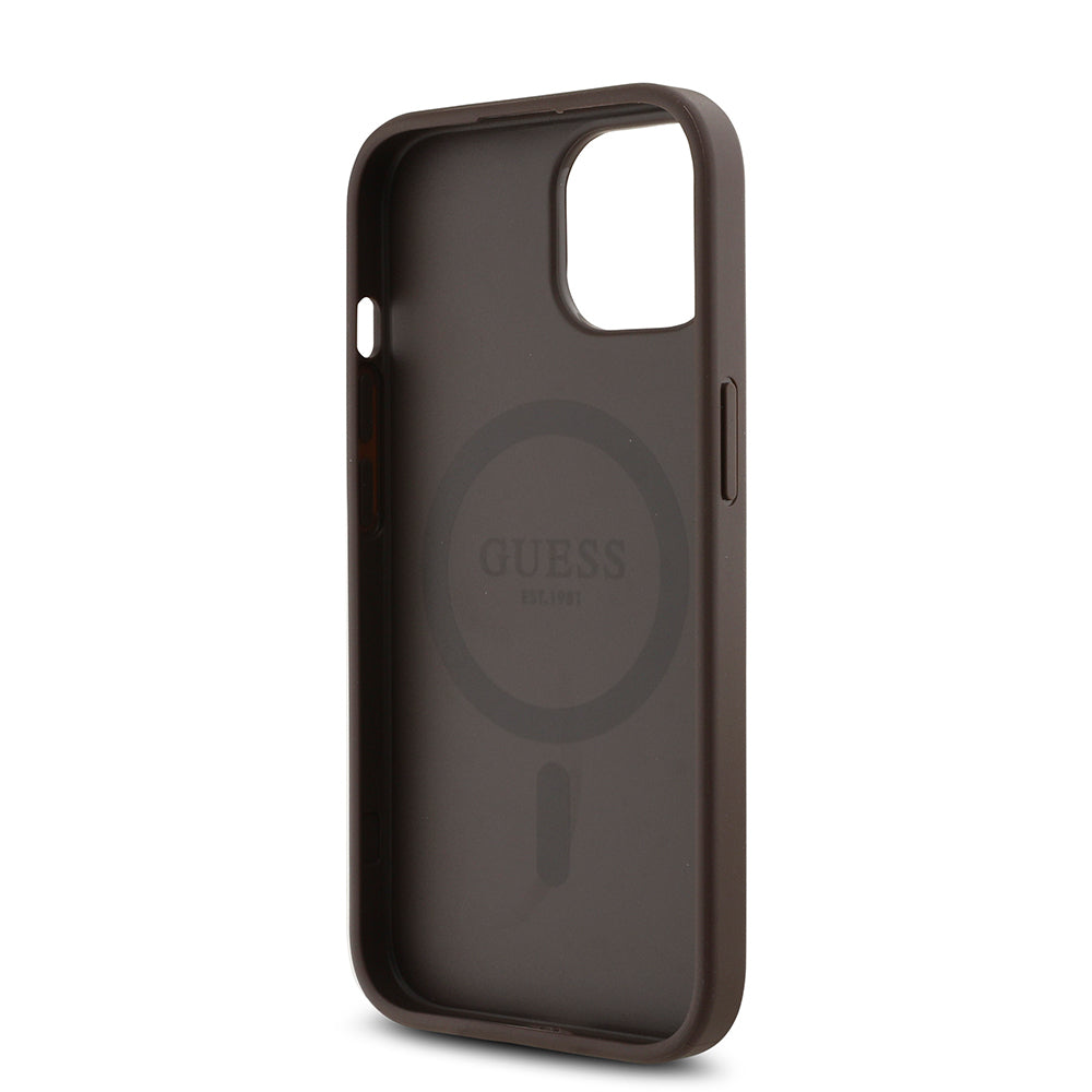 Apple iPhone 15 Kılıf Guess Orjinal Lisanslı M-safe Şarj Özellikli Gül Baskılı 4G Desenli Yazı Logolu Kapak