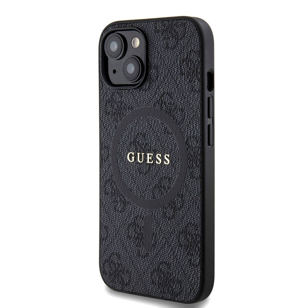 Apple iPhone 15 Kılıf Guess Orjinal Lisanslı M-safe Şarj Özellikli PU Halkalı 4G Desenli Yazı Logolu Kapak