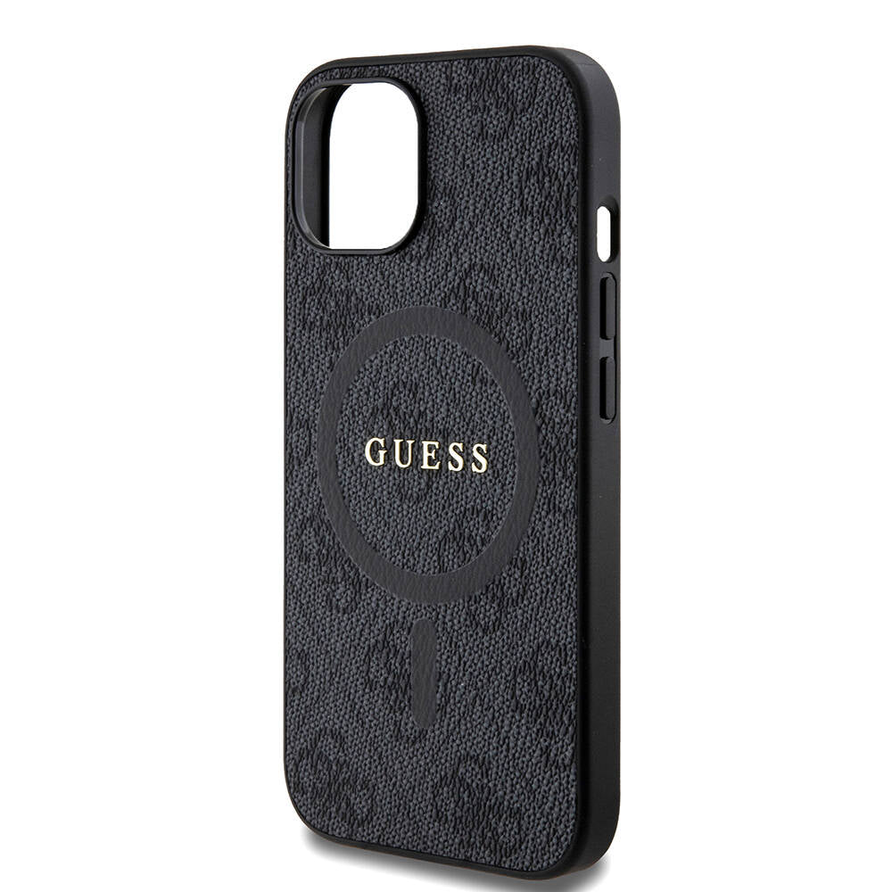 Apple iPhone 15 Kılıf Guess Orjinal Lisanslı M-safe Şarj Özellikli PU Halkalı 4G Desenli Yazı Logolu Kapak
