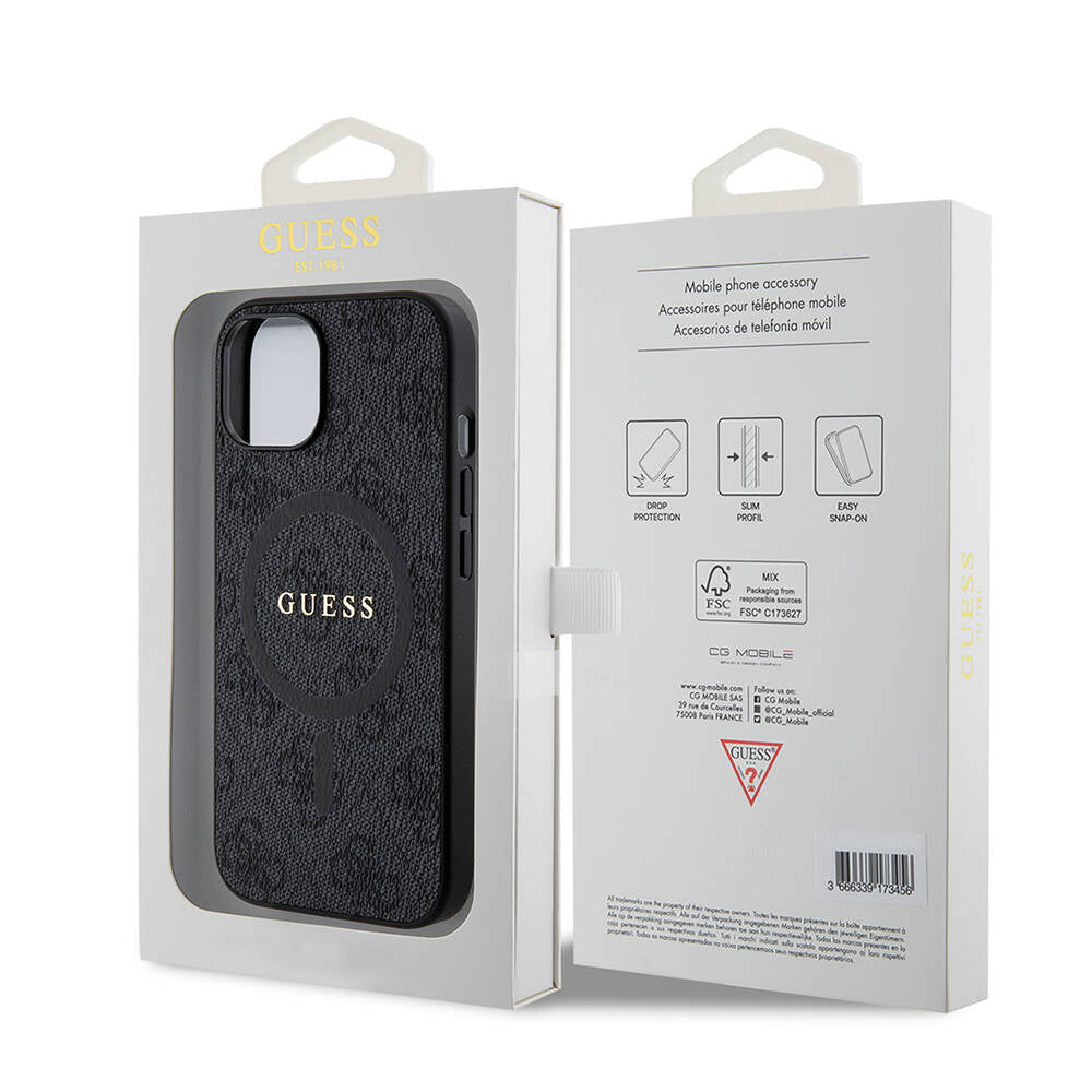 Apple iPhone 15 Kılıf Guess Orjinal Lisanslı M-safe Şarj Özellikli PU Halkalı 4G Desenli Yazı Logolu Kapak