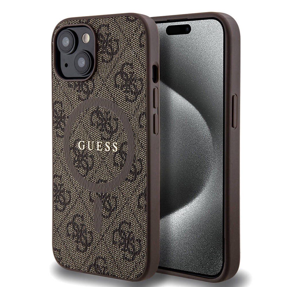 Apple iPhone 15 Kılıf Guess Orjinal Lisanslı M-safe Şarj Özellikli PU Halkalı 4G Desenli Yazı Logolu Kapak