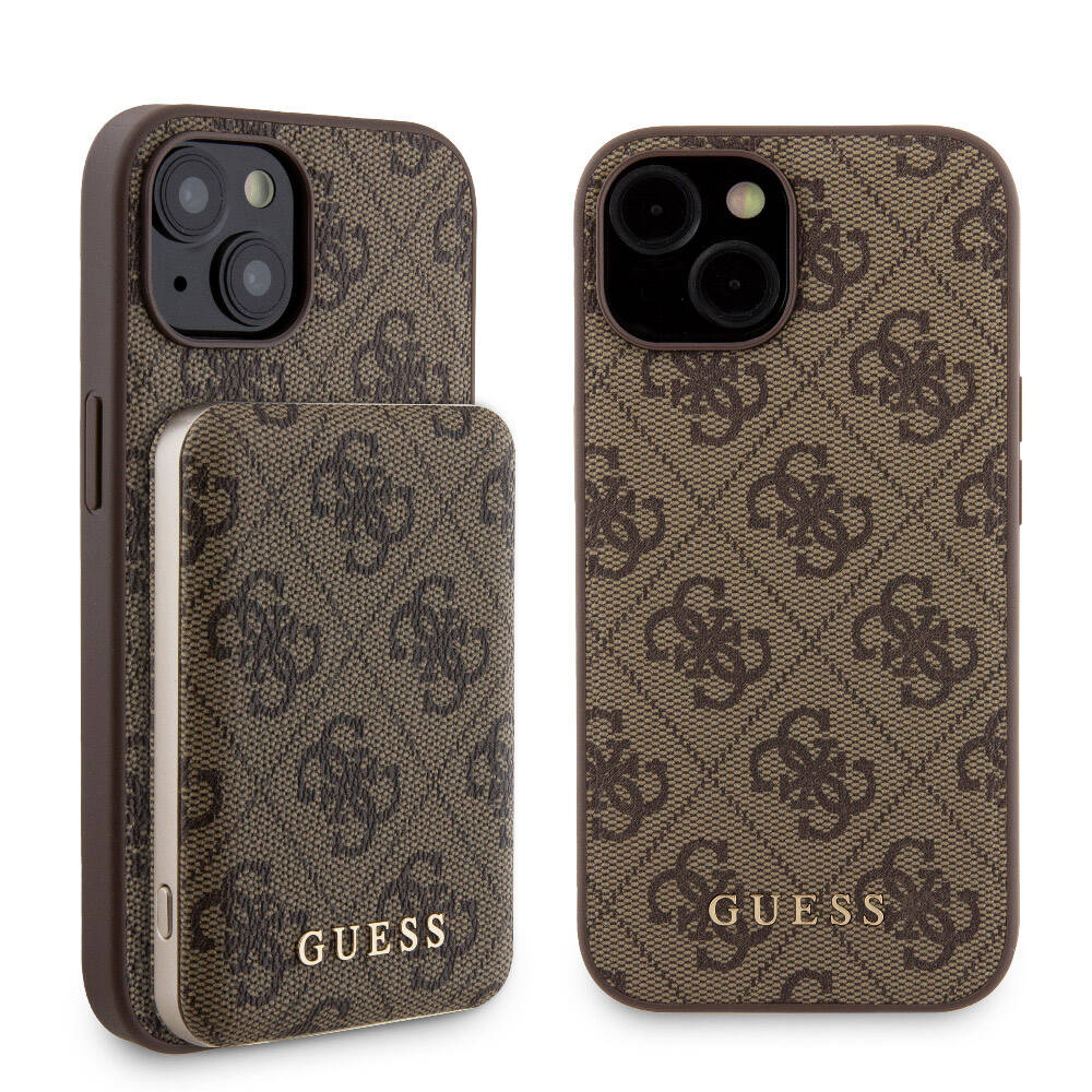 Apple iPhone 15 Kılıf Guess Orjinal Lisanslı M-safe Şarj Özellikli Yazı Logolu 4G Desenli Kapak + Powerbank 5000mAh 2in1 Set