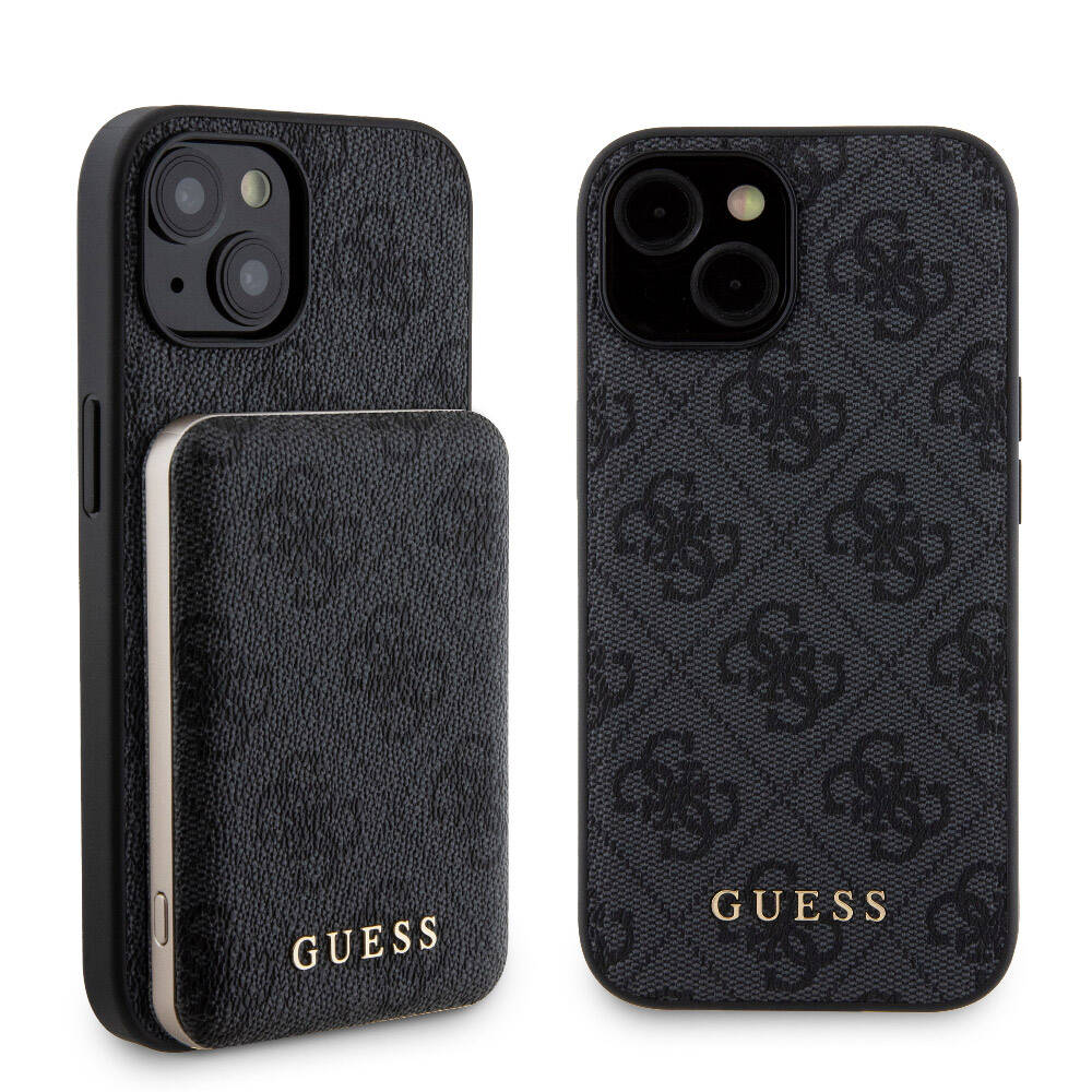 Apple iPhone 15 Kılıf Guess Orjinal Lisanslı M-safe Şarj Özellikli Yazı Logolu 4G Desenli Kapak + Powerbank 5000mAh 2in1 Set