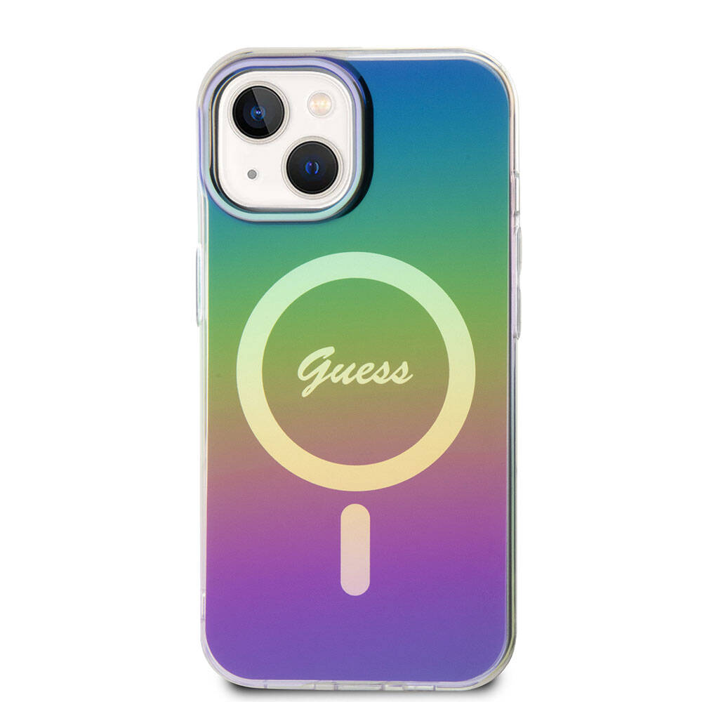 Apple iPhone 15 Kılıf Guess Orjinal Lisanslı M-safe Şarj Özellikli Yazı Logolu Iridescent Kapak