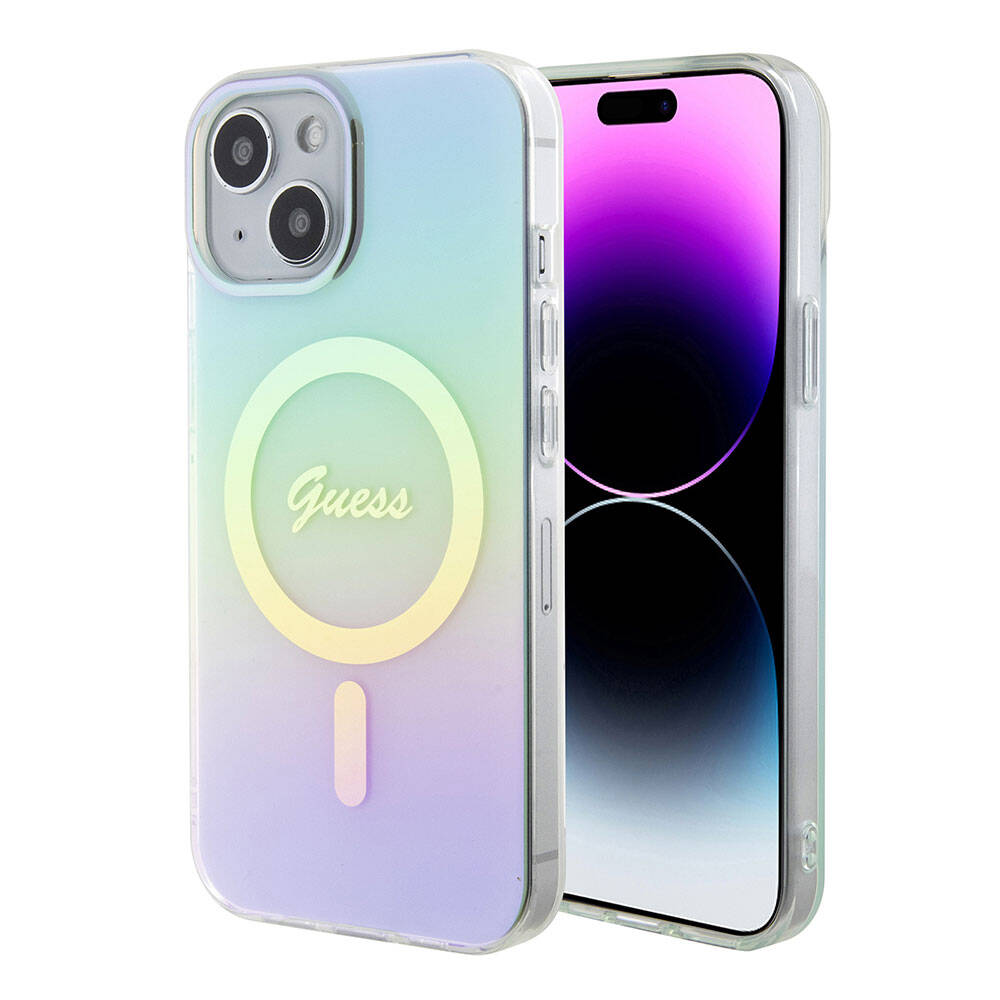 Apple iPhone 15 Kılıf Guess Orjinal Lisanslı M-safe Şarj Özellikli Yazı Logolu Iridescent Kapak