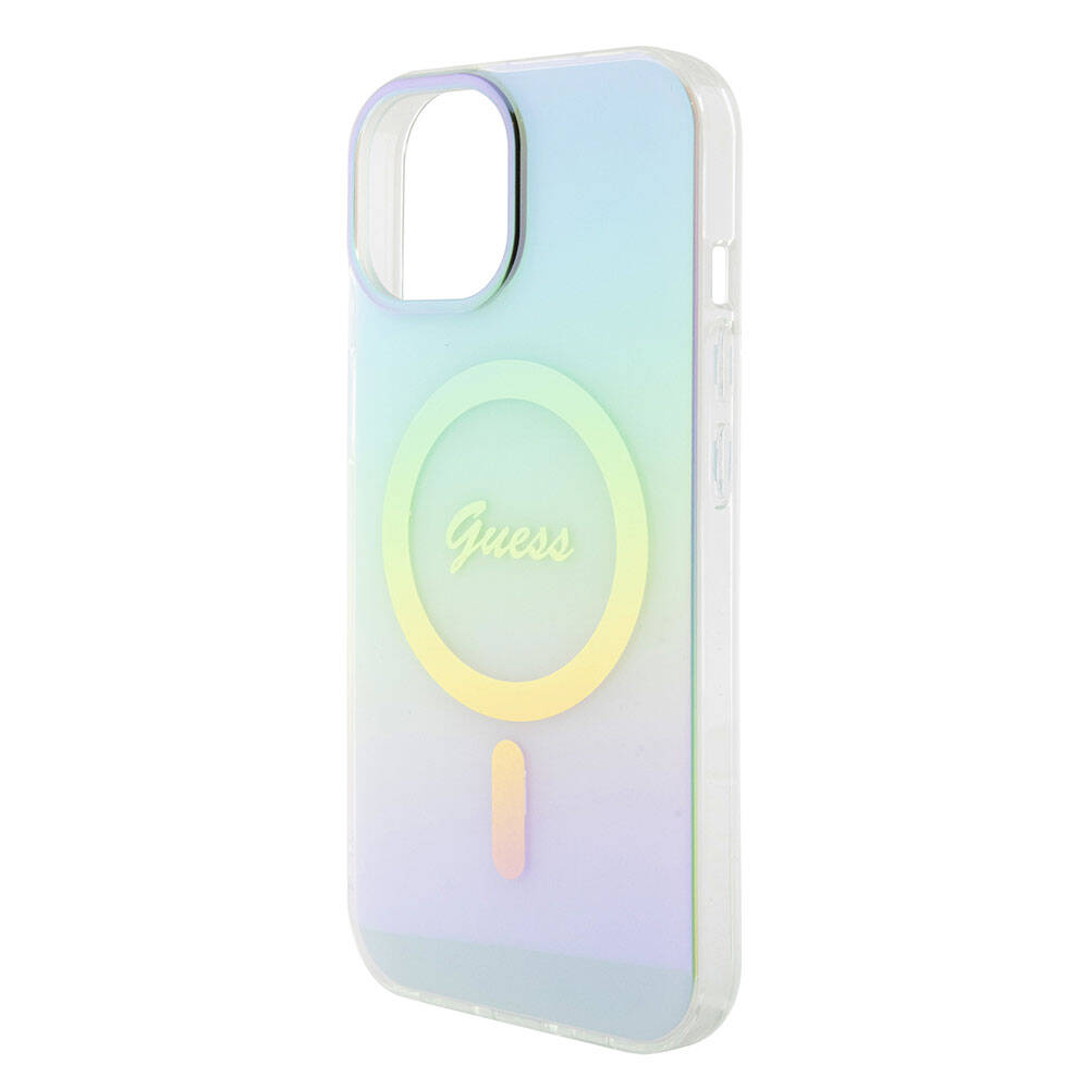 Apple iPhone 15 Kılıf Guess Orjinal Lisanslı M-safe Şarj Özellikli Yazı Logolu Iridescent Kapak