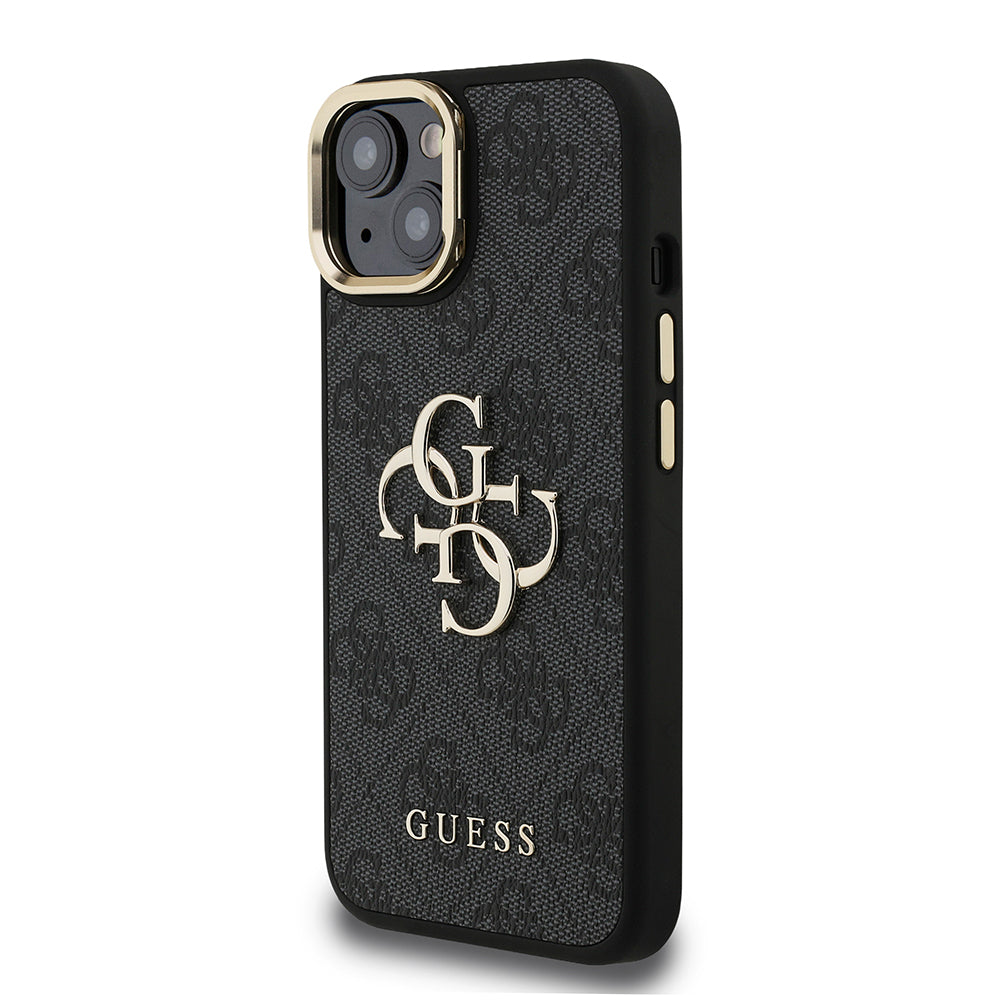 Apple iPhone 15 Kılıf Guess Orjinal Lisanslı PU Deri 4G Desenli Metal Büyük 4G ve Yazı Logolu Kamera Standlı Kapak