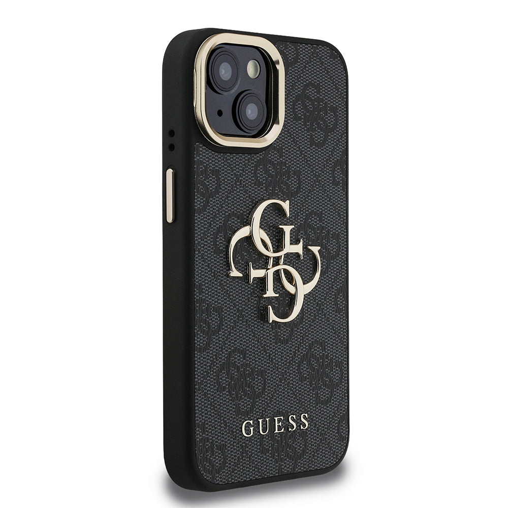 Apple iPhone 15 Kılıf Guess Orjinal Lisanslı PU Deri 4G Desenli Metal Büyük 4G ve Yazı Logolu Kamera Standlı Kapak