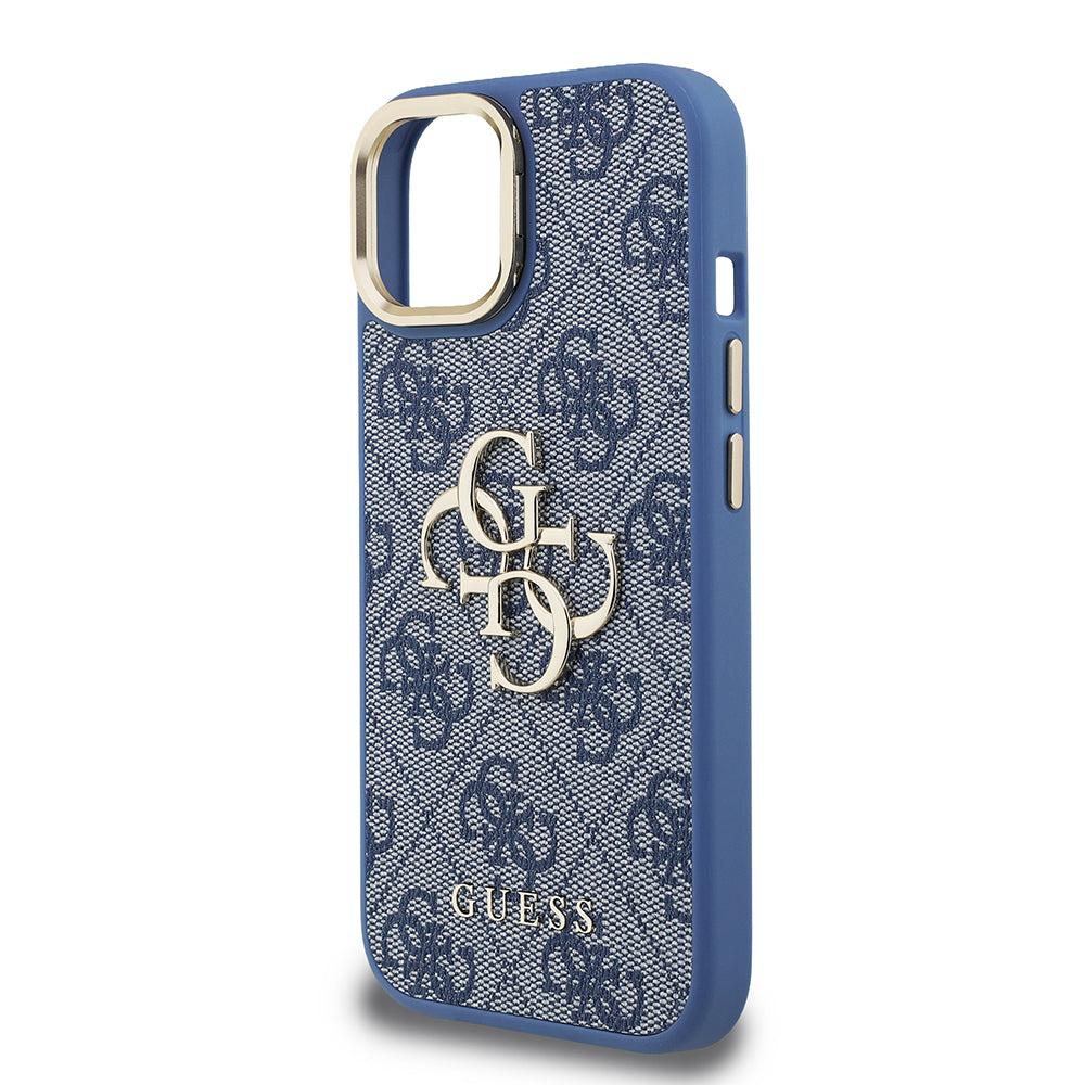 Apple iPhone 15 Kılıf Guess Orjinal Lisanslı PU Deri 4G Desenli Metal Büyük 4G ve Yazı Logolu Kamera Standlı Kapak