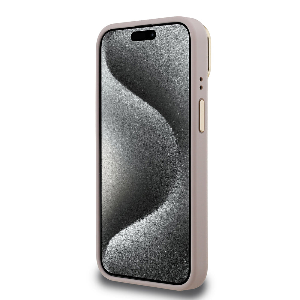 Apple iPhone 15 Kılıf Guess Orjinal Lisanslı PU Deri 4G Desenli Metal Büyük 4G ve Yazı Logolu Kamera Standlı Kapak