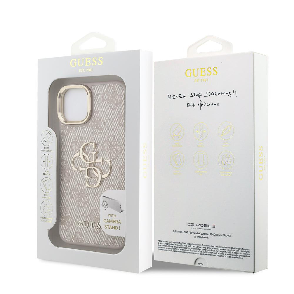 Apple iPhone 15 Kılıf Guess Orjinal Lisanslı PU Deri 4G Desenli Metal Büyük 4G ve Yazı Logolu Kamera Standlı Kapak