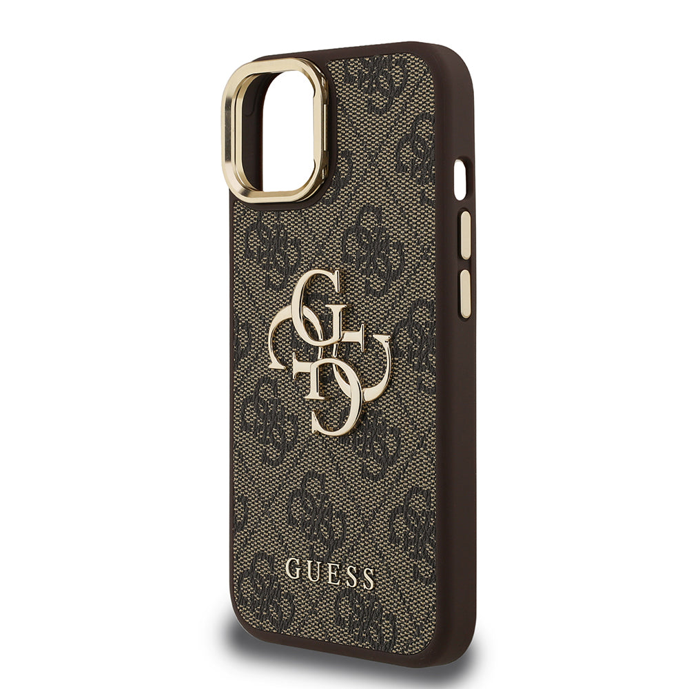 Apple iPhone 15 Kılıf Guess Orjinal Lisanslı PU Deri 4G Desenli Metal Büyük 4G ve Yazı Logolu Kamera Standlı Kapak
