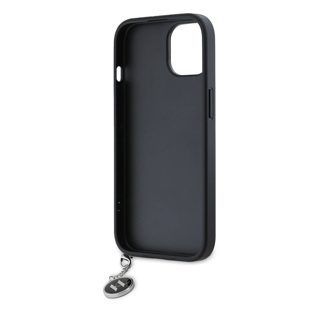 Apple iPhone 15 Kılıf Karl Lagerfeld Orjinal Lisanslı Anahtarlıklı Taşlı KL Yazılı Saffiano Rhinestones Kapak