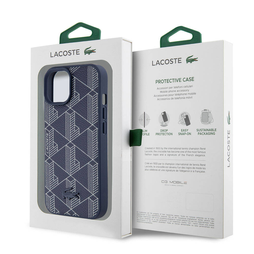 Apple iPhone 15 Kılıf Lacoste Orjinal Lisanslı M-safe Şarj Özellikli PU Deri Görünümlü Karışık Monogram Desenli Kapak