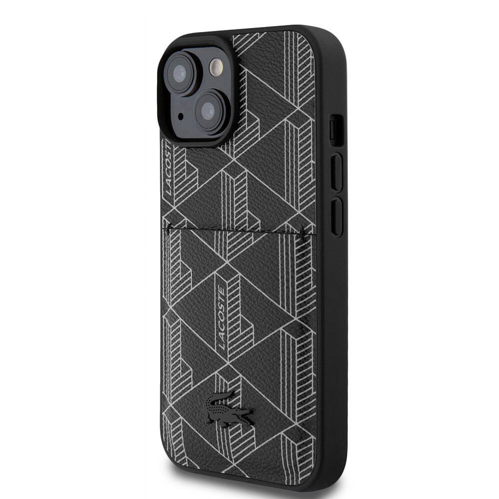 Apple iPhone 15 Kılıf Lacoste Orjinal Lisanslı M-safe Şarj Özellikli PU Deri Görünümlü Kartlıklı Karışık Monogram Desenli Kapak