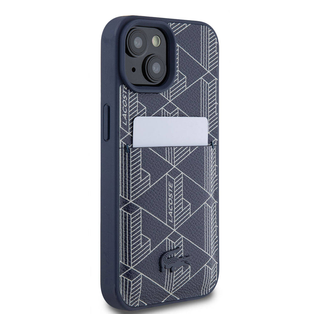 Apple iPhone 15 Kılıf Lacoste Orjinal Lisanslı M-safe Şarj Özellikli PU Deri Görünümlü Kartlıklı Karışık Monogram Desenli Kapak
