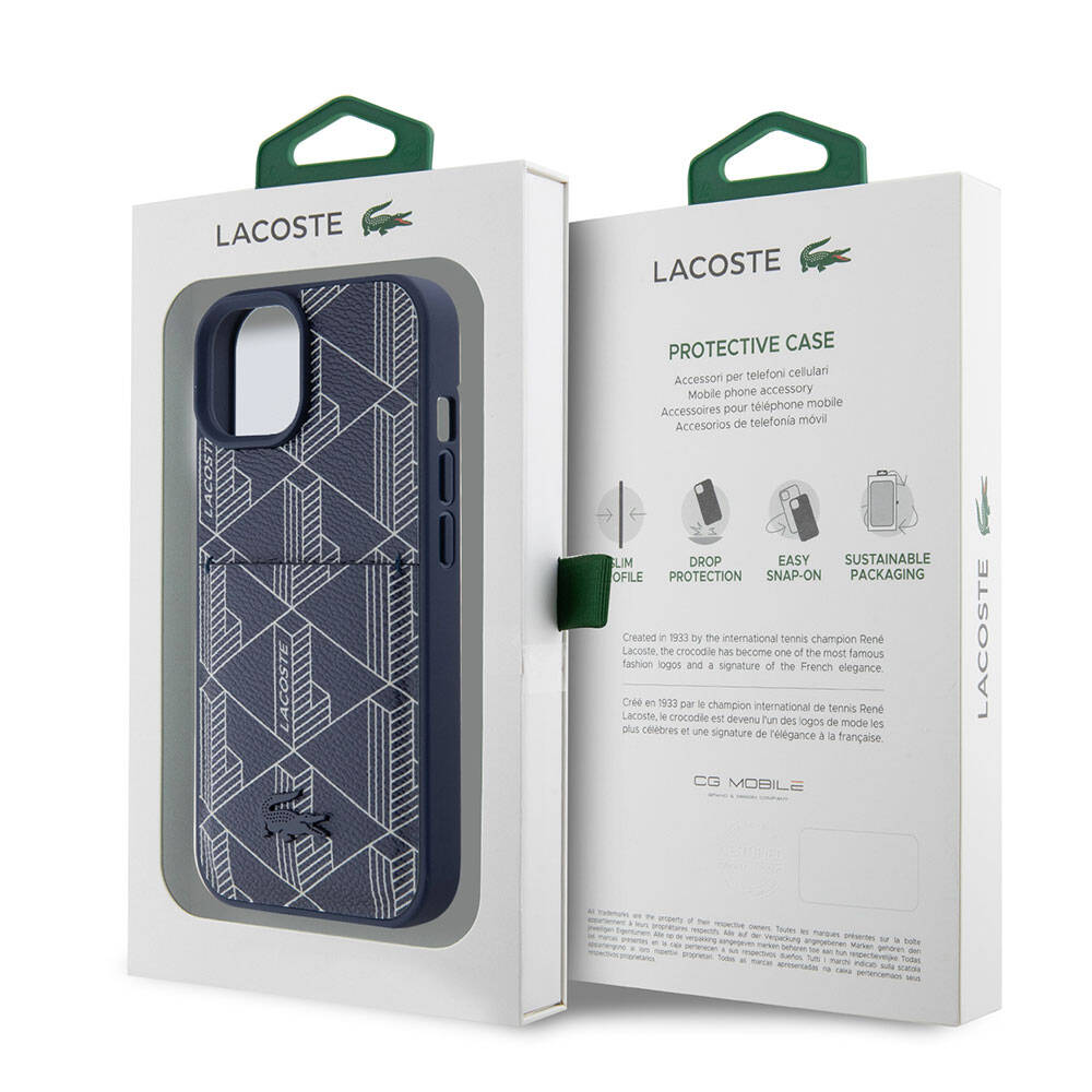 Apple iPhone 15 Kılıf Lacoste Orjinal Lisanslı M-safe Şarj Özellikli PU Deri Görünümlü Kartlıklı Karışık Monogram Desenli Kapak