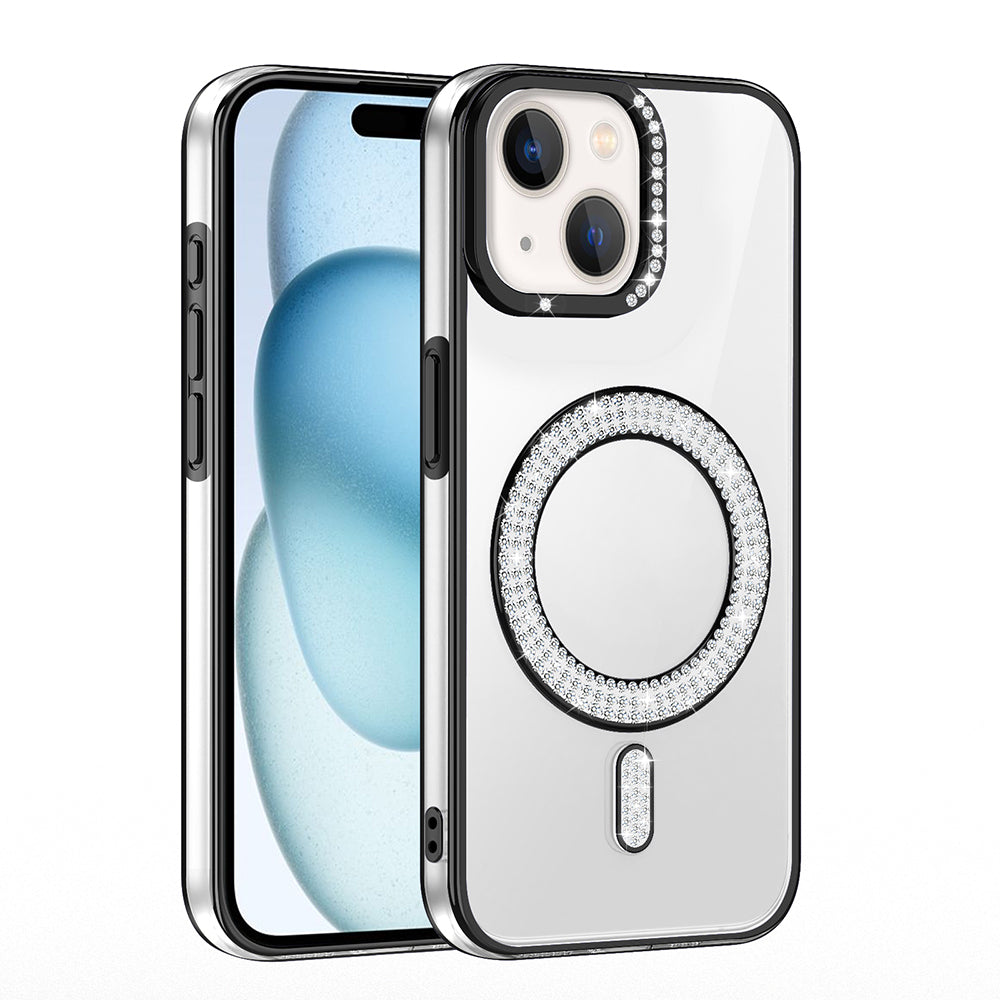 Apple iPhone 15 Kılıf Pırlanta Taş Tasarımlı M-safe Şarj Özellikli Zore Karetta Silikon Kapak