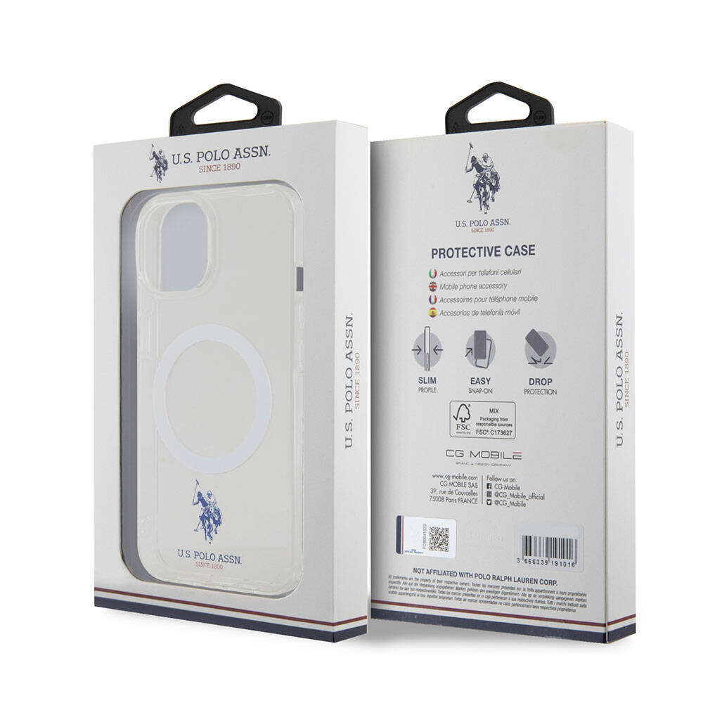 Apple iPhone 15 Kılıf U.S. Polo Assn. Orjinal Lisanslı M-safe Şarj Özellikli Transparan Tasarım Kapak