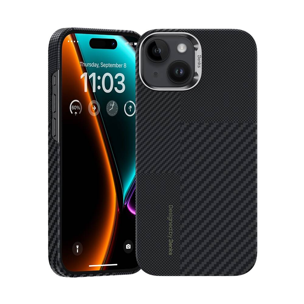 Apple iPhone 15 M-safe Şarj Özellikli Karbon Fiber Benks Montage ArmorAir Kevlar Kapak
