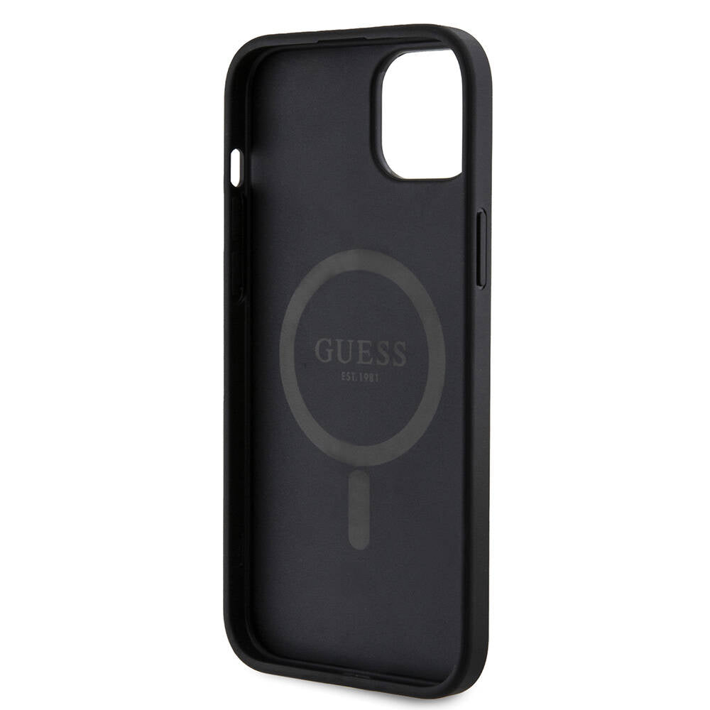 Apple iPhone 15 Plus Guess Orjinal Lisanslı M-safe Şarj Özellikli PU Halkalı 4G Desenli Yazı Logolu Kapak