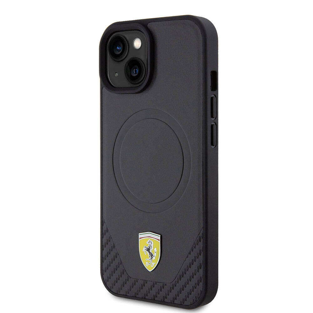 Apple iPhone 15 Plus Kılıf Ferrari Orjinal Lisanslı M-safe Şarj Özellikli Metal Logolu PU Karbon Kapak