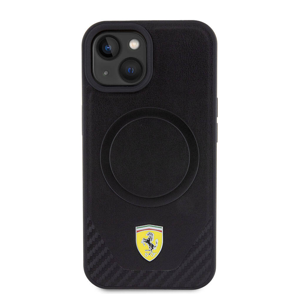 Apple iPhone 15 Plus Kılıf Ferrari Orjinal Lisanslı M-safe Şarj Özellikli Metal Logolu PU Karbon Kapak