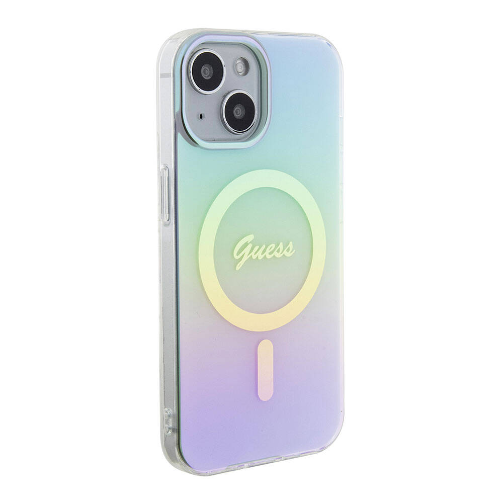 Apple iPhone 15 Plus Kılıf Guess Orjinal Lisanslı M-safe Şarj Özellikli Yazı Logolu Iridescent Kapak