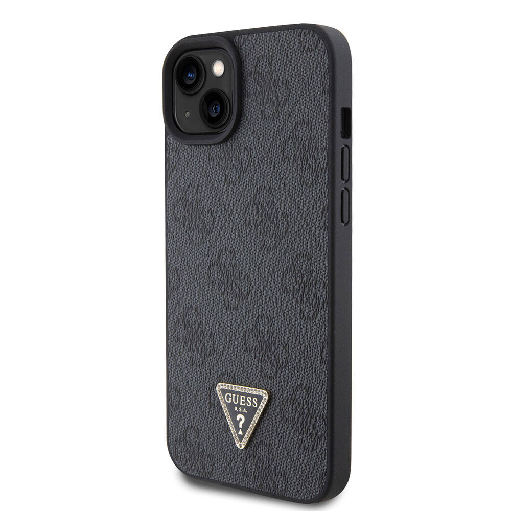 Apple iPhone 15 Plus Kılıf Guess Orjinal Lisanslı PU Deri Askılı Taşlı Üçgen Logo 4G Desenli Strass Crossbody Kapak
