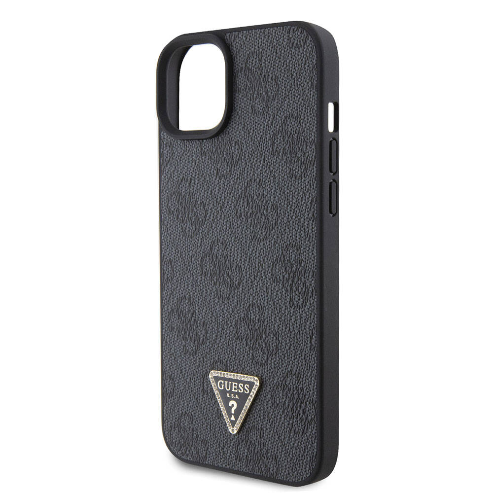 Apple iPhone 15 Plus Kılıf Guess Orjinal Lisanslı PU Deri Askılı Taşlı Üçgen Logo 4G Desenli Strass Crossbody Kapak