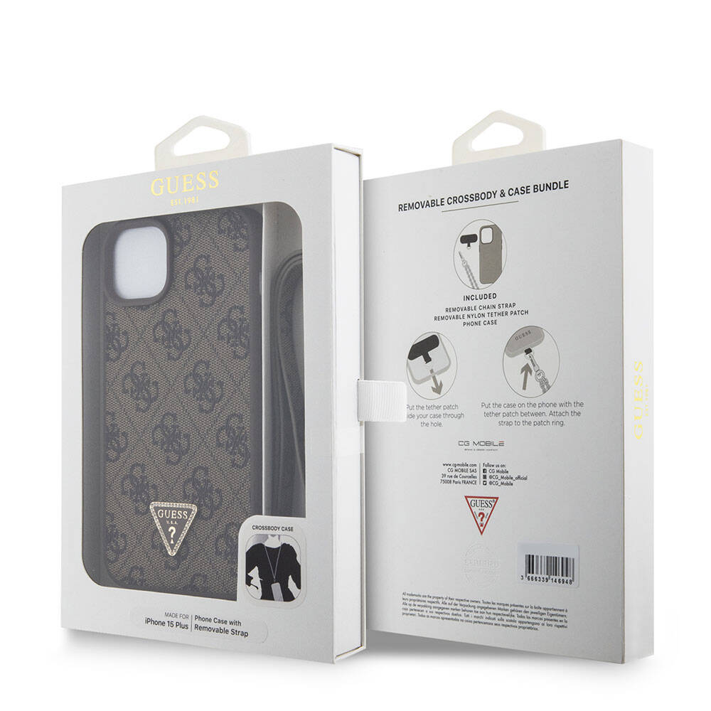 Apple iPhone 15 Plus Kılıf Guess Orjinal Lisanslı PU Deri Askılı Taşlı Üçgen Logo 4G Desenli Strass Crossbody Kapak