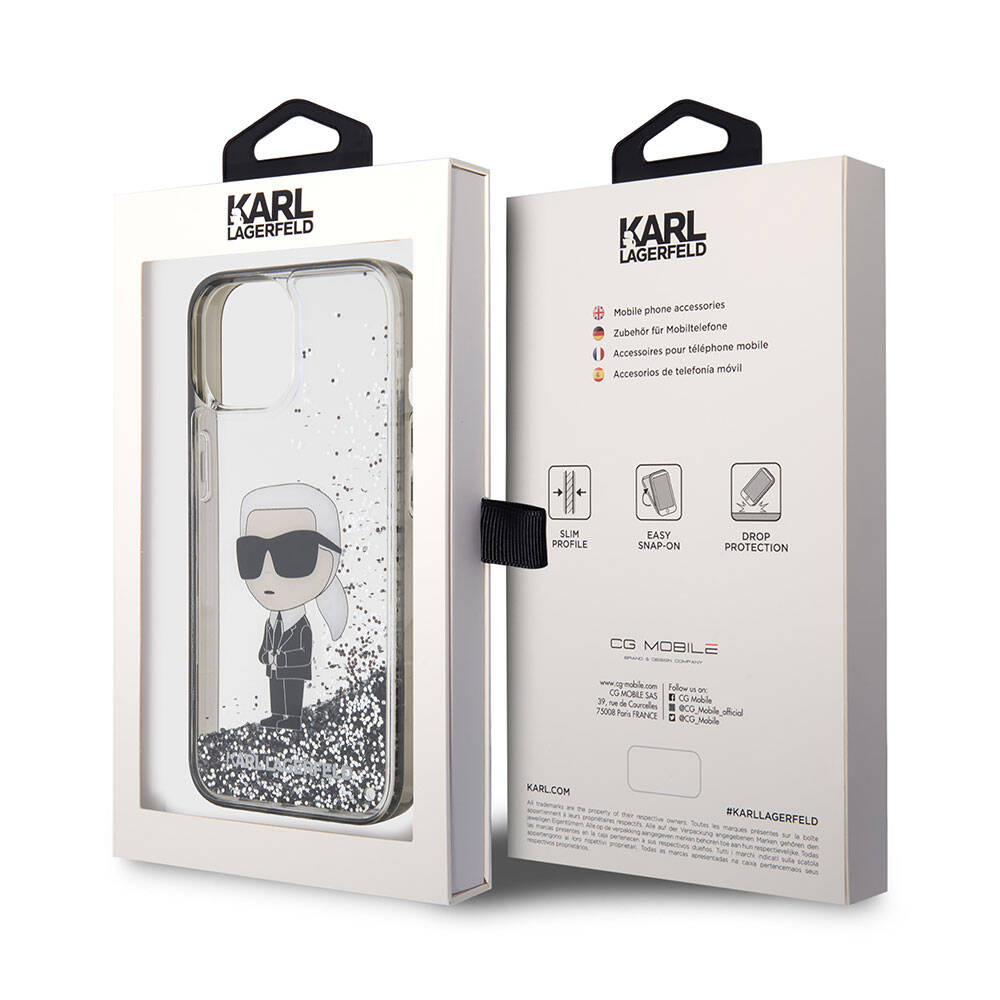 Apple iPhone 15 Plus Kılıf Karl Lagerfeld İkonik Sıvılı Glitter Orjinal Lisanslı Kapak