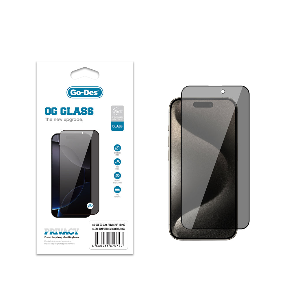 Apple iPhone 15 Pro Go Des OG Glass Privacy Antistatik Temperli Cam Ekran Koruyucu