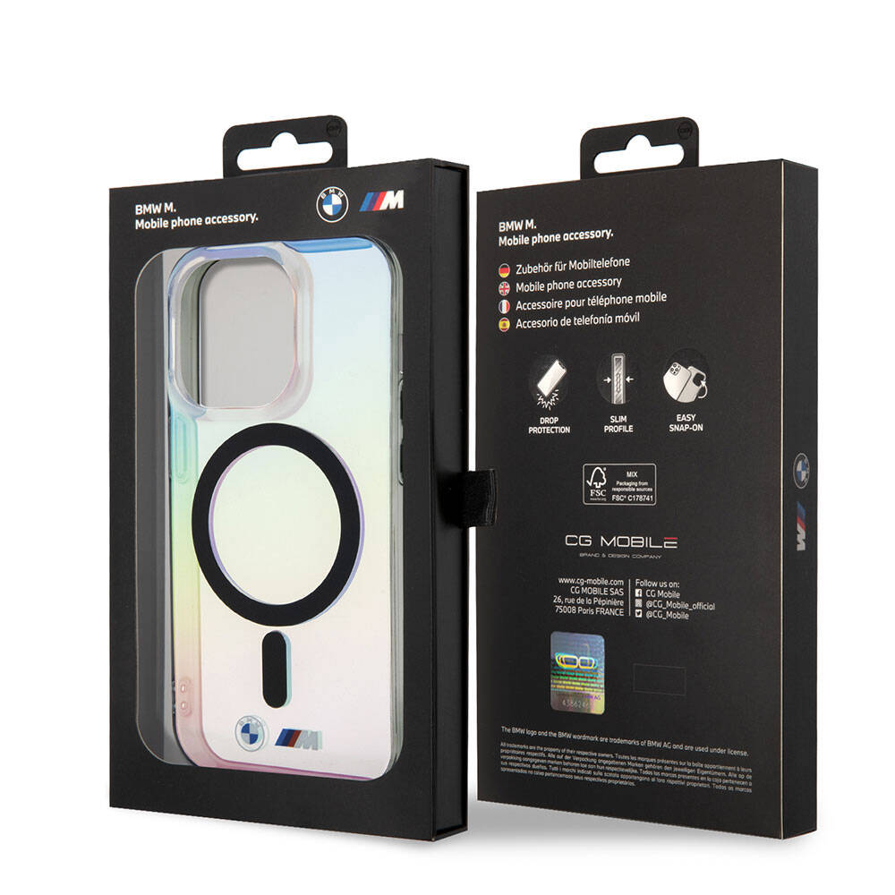 Apple iPhone 15 Pro Kılıf BMW M-safe Şarj Özellikli Transparan Renk Geçişli Iridescent Orjinal Lisanslı Kapak